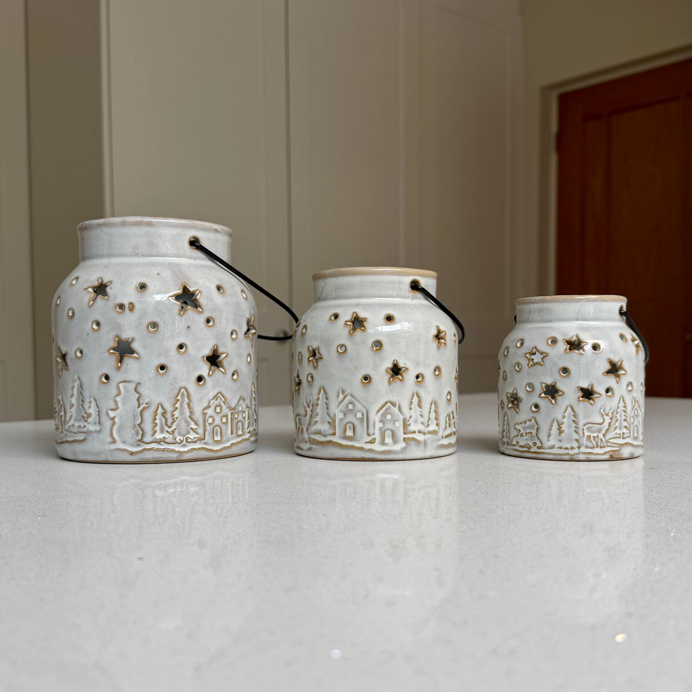 White Ceramic Winter Forest Star Lantern in Various Sizes