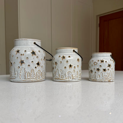 White Ceramic Winter Forest Star Lantern in Various Sizes