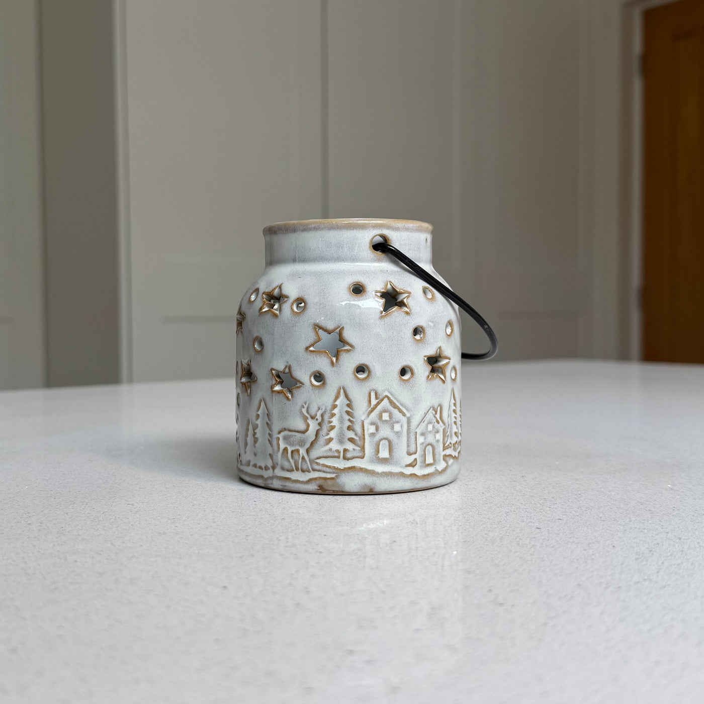 White Ceramic Winter Forest Star Lantern in Various Sizes