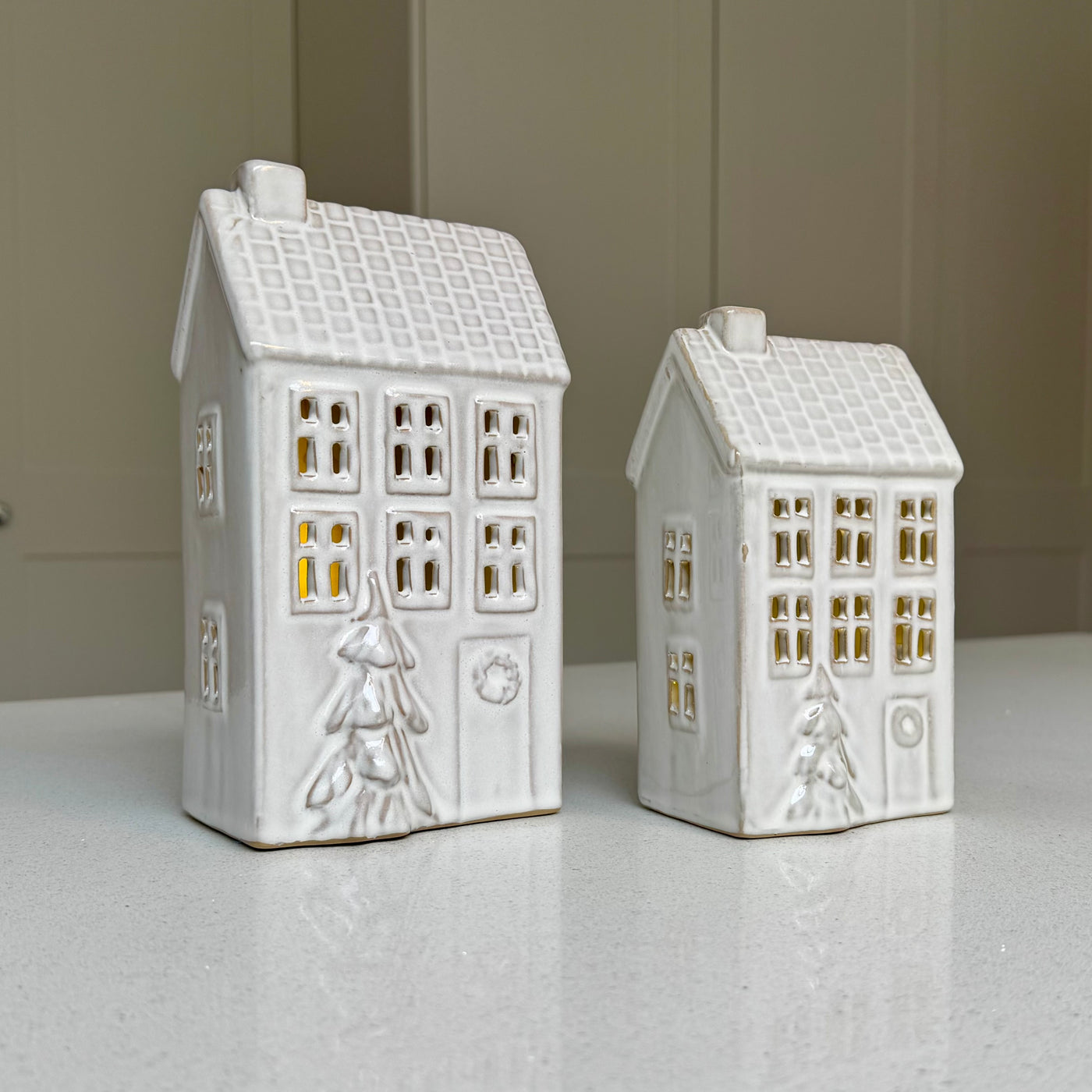 White Ceramic Light-Up LED Christmas House – Medium or Large