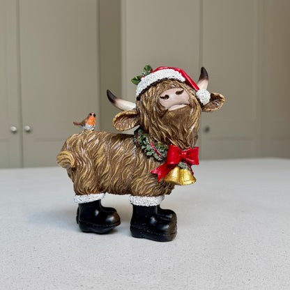 Festive Highland Cow Ornament with Robin and Bells – 14cm