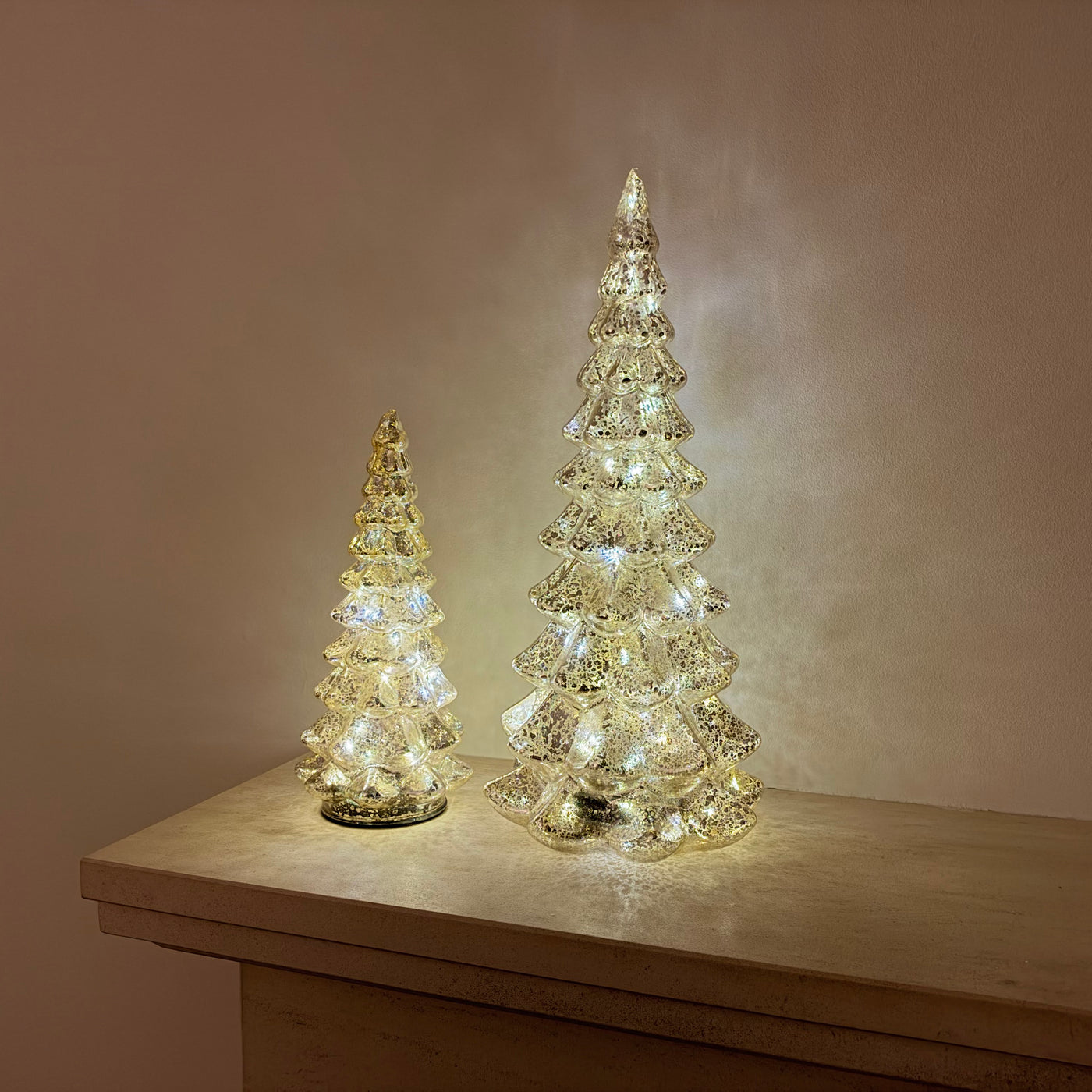 Hand-Blown Mercury Glass LED Christmas Tree with Timer in Two Sizes