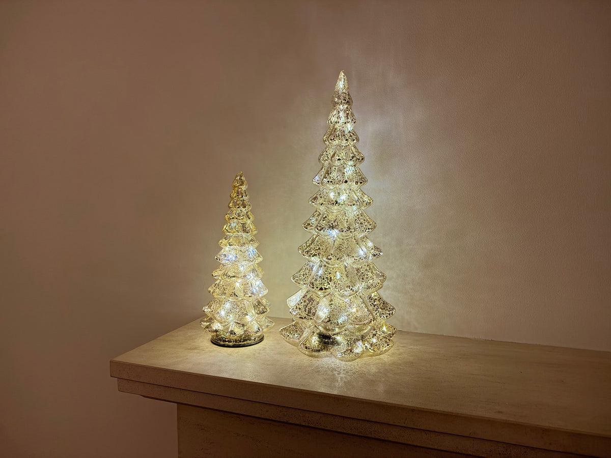 Hand-Blown Mercury Glass LED Christmas Tree with Timer in Two Sizes