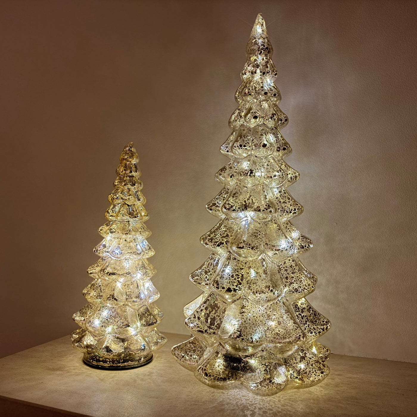 Hand-Blown Mercury Glass LED Christmas Tree with Timer in Two Sizes