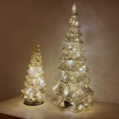Hand-Blown Mercury Glass LED Christmas Tree with Timer in Two Sizes
