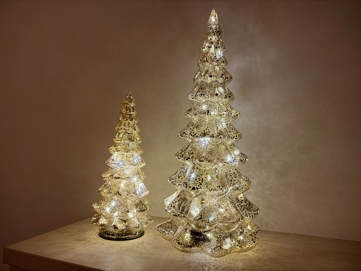 Hand-Blown Mercury Glass LED Christmas Tree with Timer in Two Sizes