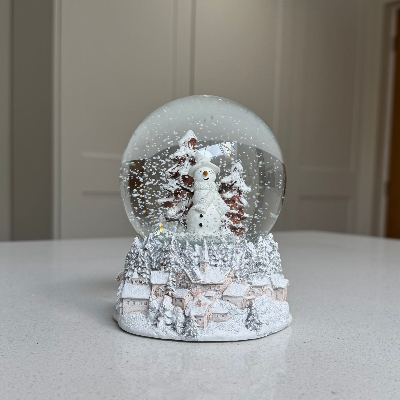 Snowman Snow Globe with Snowy Townscape Base – 14cm