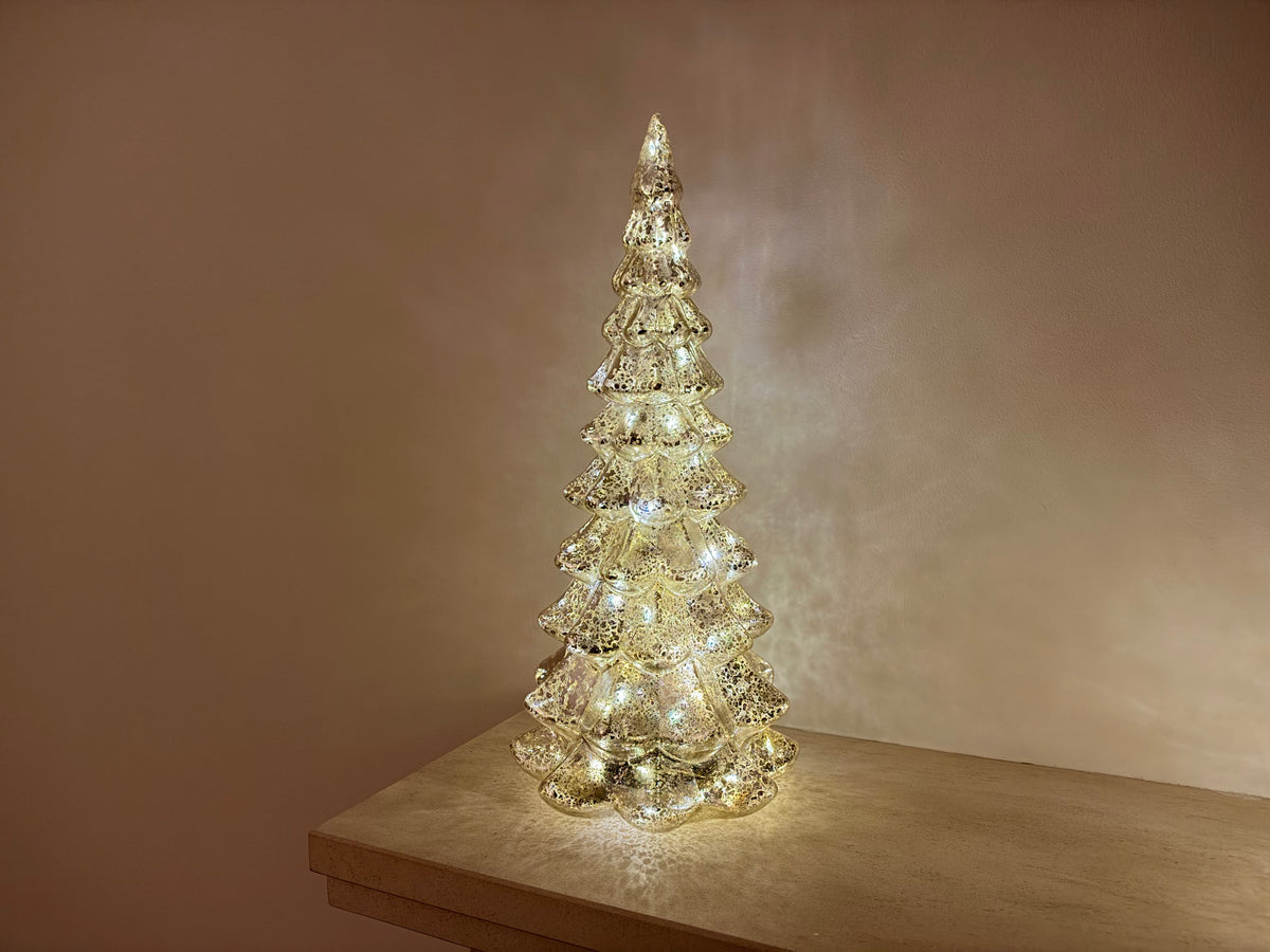 Hand-Blown Mercury Glass LED Christmas Tree with Timer in Two Sizes