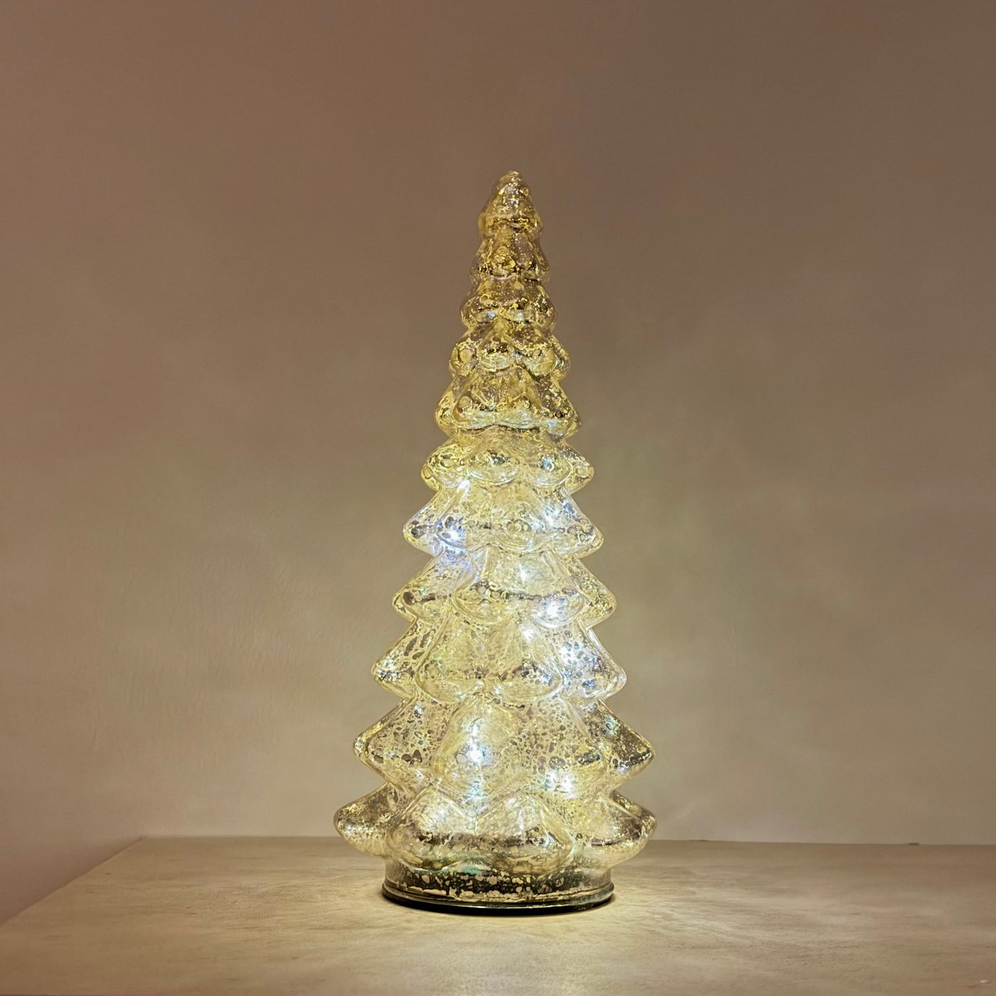 Hand-Blown Mercury Glass LED Christmas Tree with Timer in Two Sizes
