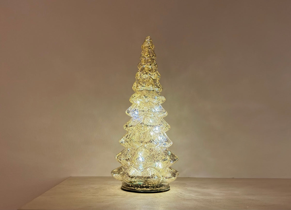 Hand-Blown Mercury Glass LED Christmas Tree with Timer in Two Sizes