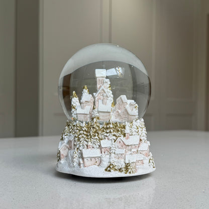Musical Pink & Glittered Gold Townscape Snow Globe – 14cm