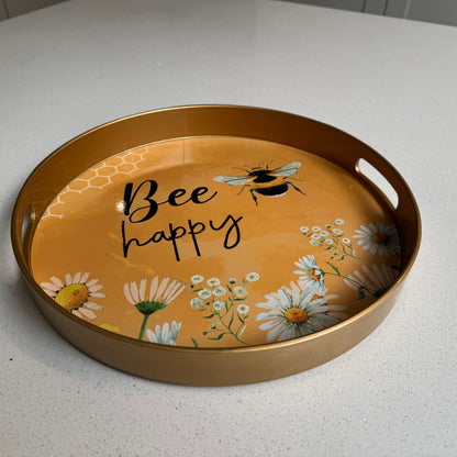 Gold “Bee Happy” Round Serving Tray – 33cm