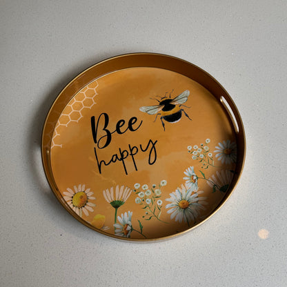Gold “Bee Happy” Round Serving Tray – 33cm