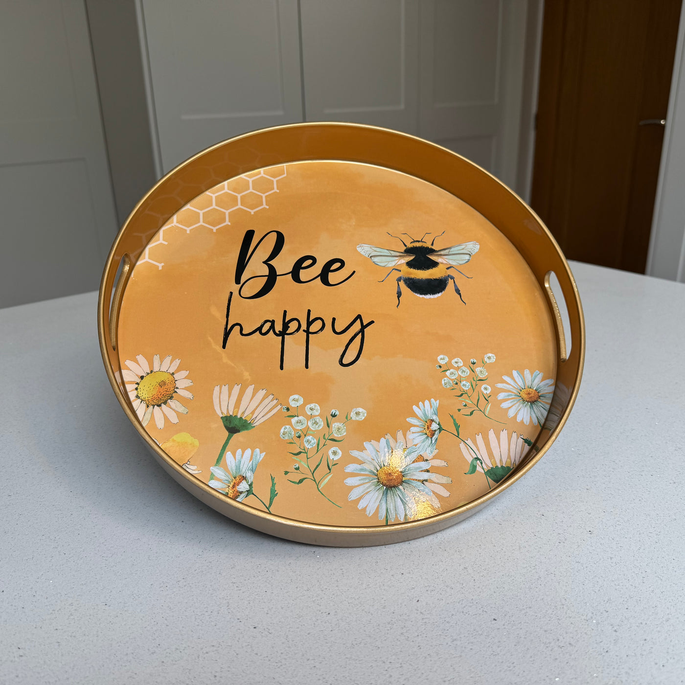 Gold “Bee Happy” Round Serving Tray – 33cm
