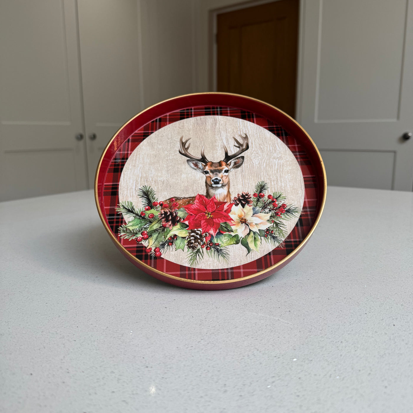 Reindeer & Tartan Round Christmas Tray – 22cm