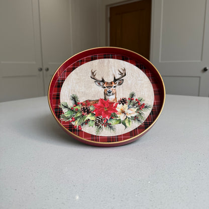 Reindeer & Tartan Round Christmas Tray – 22cm