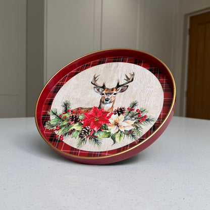 Reindeer & Tartan Round Christmas Tray – 22cm