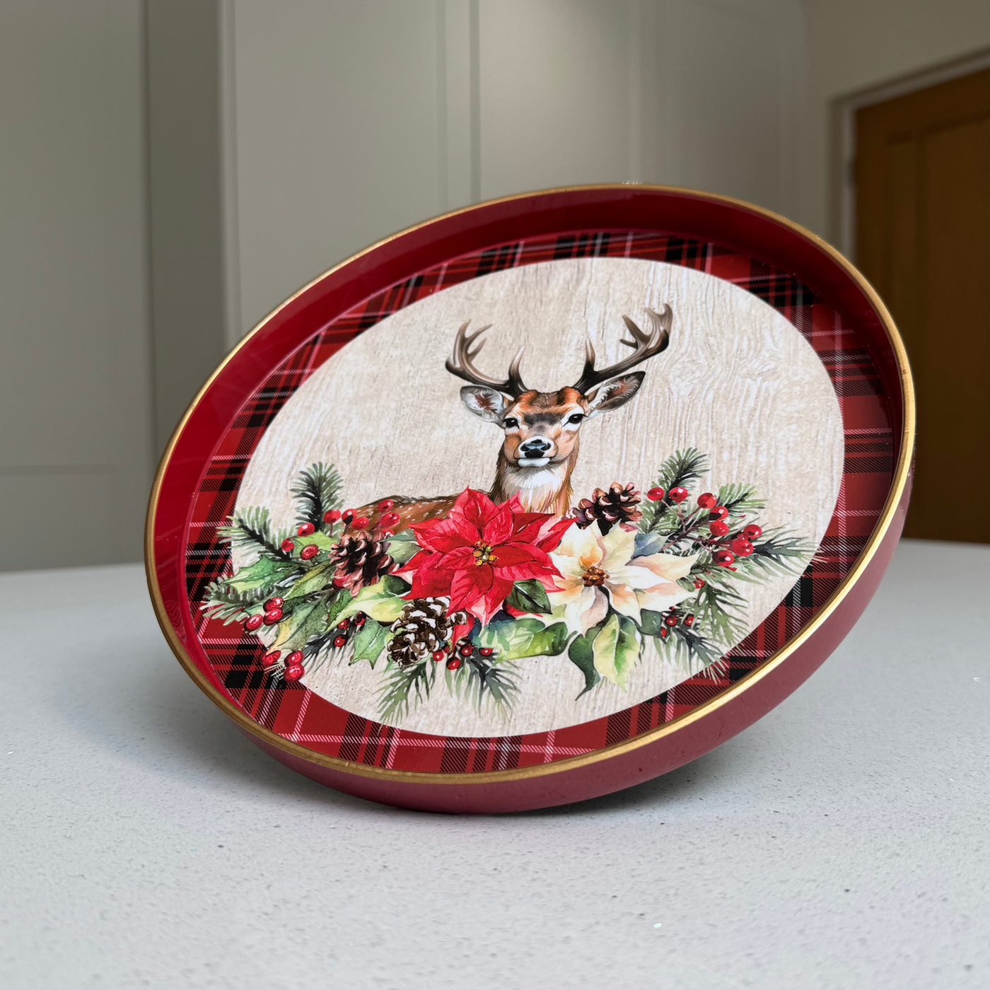 Reindeer & Tartan Round Christmas Tray – 22cm
