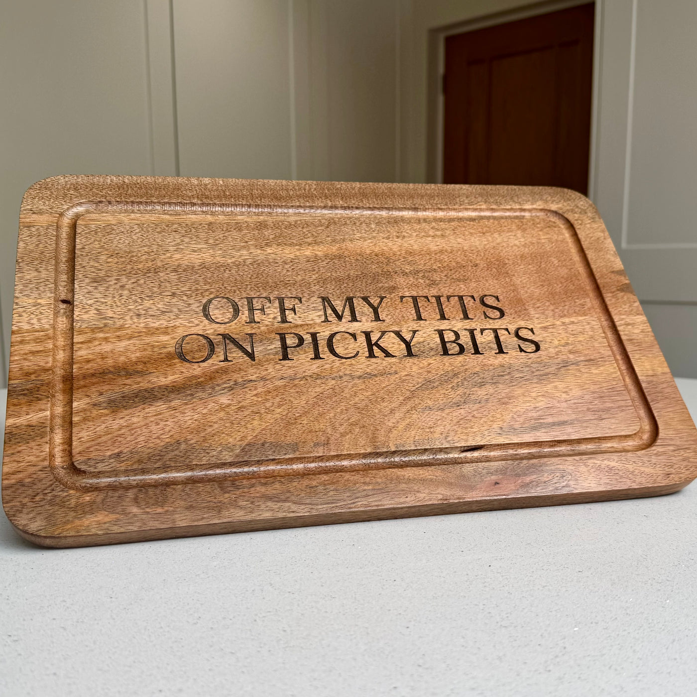 Off My Tits on Picky Bits” Wooden Serving Platter – 40cm