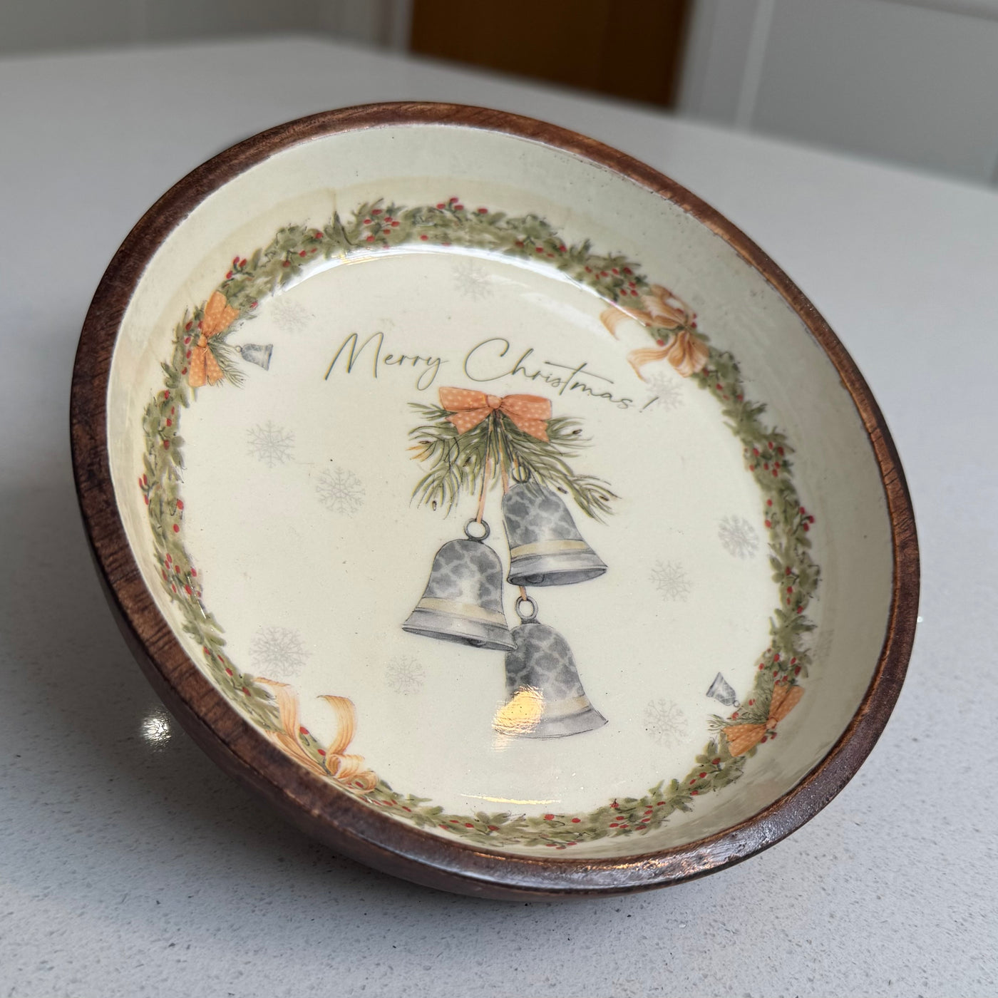 Christmas Bells Wooden Decorative Plate – 16cm