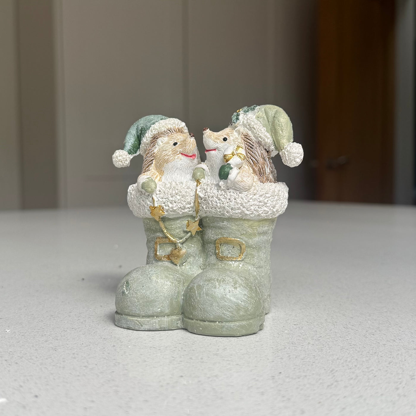 Hedgehogs in Winter Boots Christmas Ornament – Sage Green – 10cm