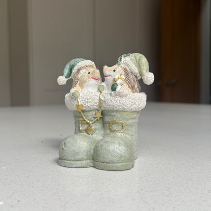 Hedgehogs in Winter Boots Christmas Ornament – Sage Green – 10cm