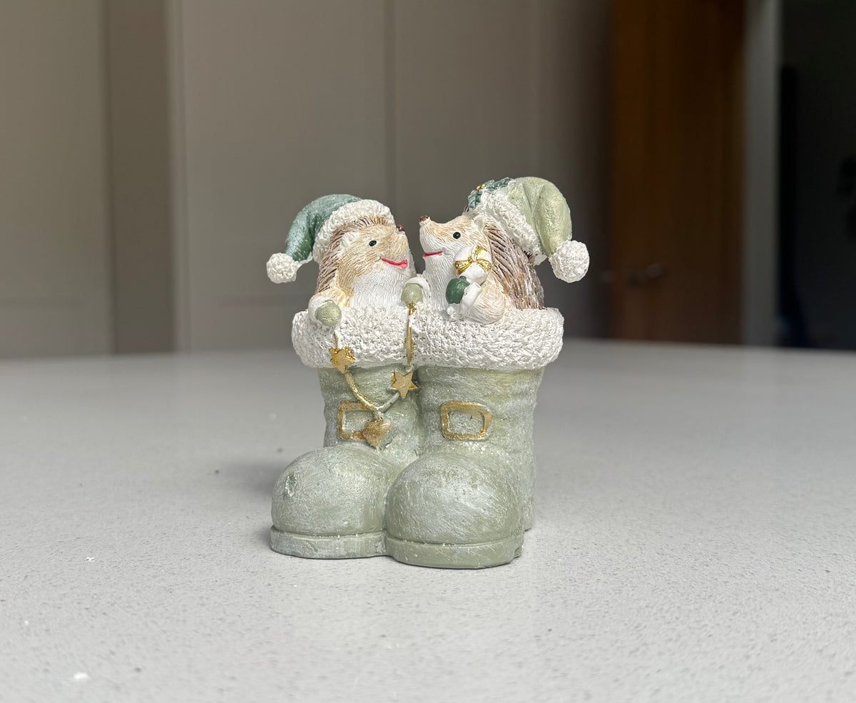 Hedgehogs in Winter Boots Christmas Ornament – Sage Green – 10cm