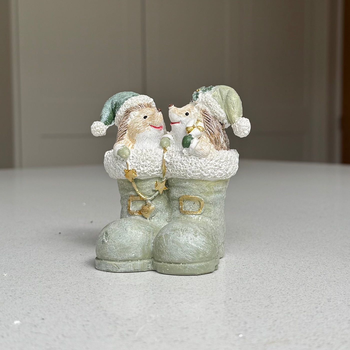 Hedgehogs in Winter Boots Christmas Ornament – Sage Green – 10cm