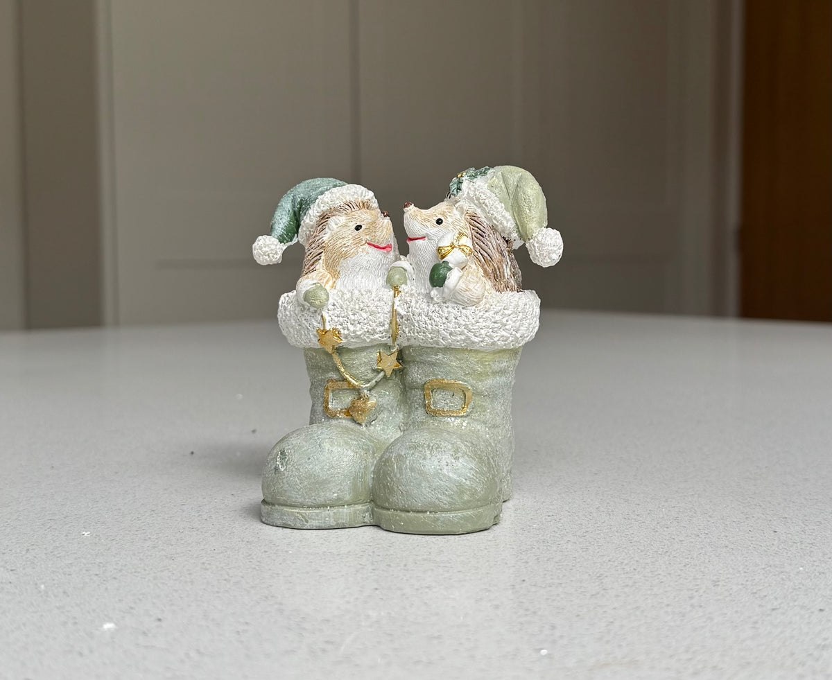 Hedgehogs in Winter Boots Christmas Ornament – Sage Green – 10cm