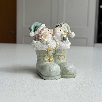Hedgehogs in Winter Boots Christmas Ornament – Sage Green – 10cm