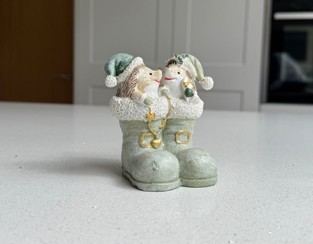 Hedgehogs in Winter Boots Christmas Ornament – Sage Green – 10cm