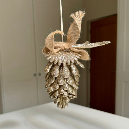 Glittered Pinecone, Antler & Jute Bow Decoration – 13cm