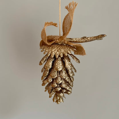 Glittered Pinecone, Antler & Jute Bow Decoration – 13cm
