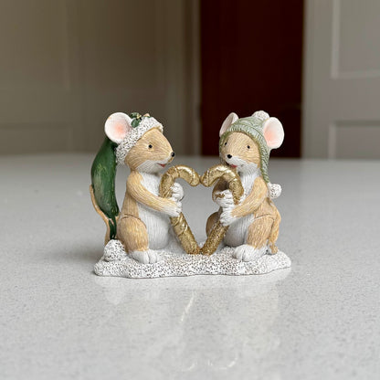 Festive Mice Holding a Gold Heart Resin Ornament