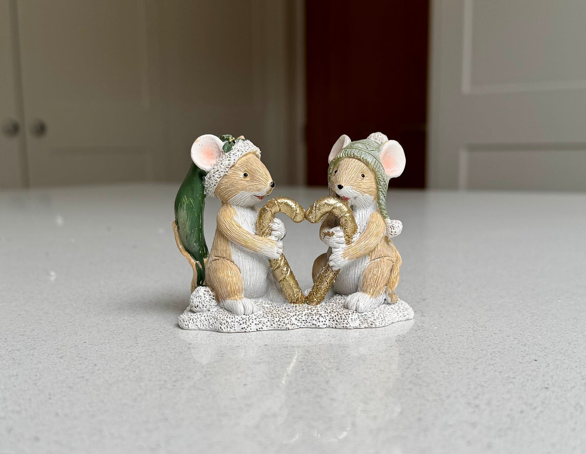 Festive Mice Holding a Gold Heart Resin Ornament