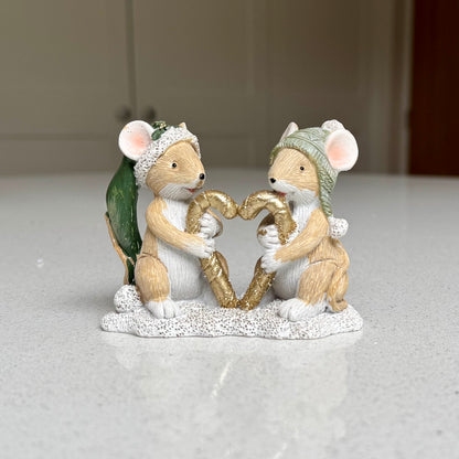 Festive Mice Holding a Gold Heart Resin Ornament