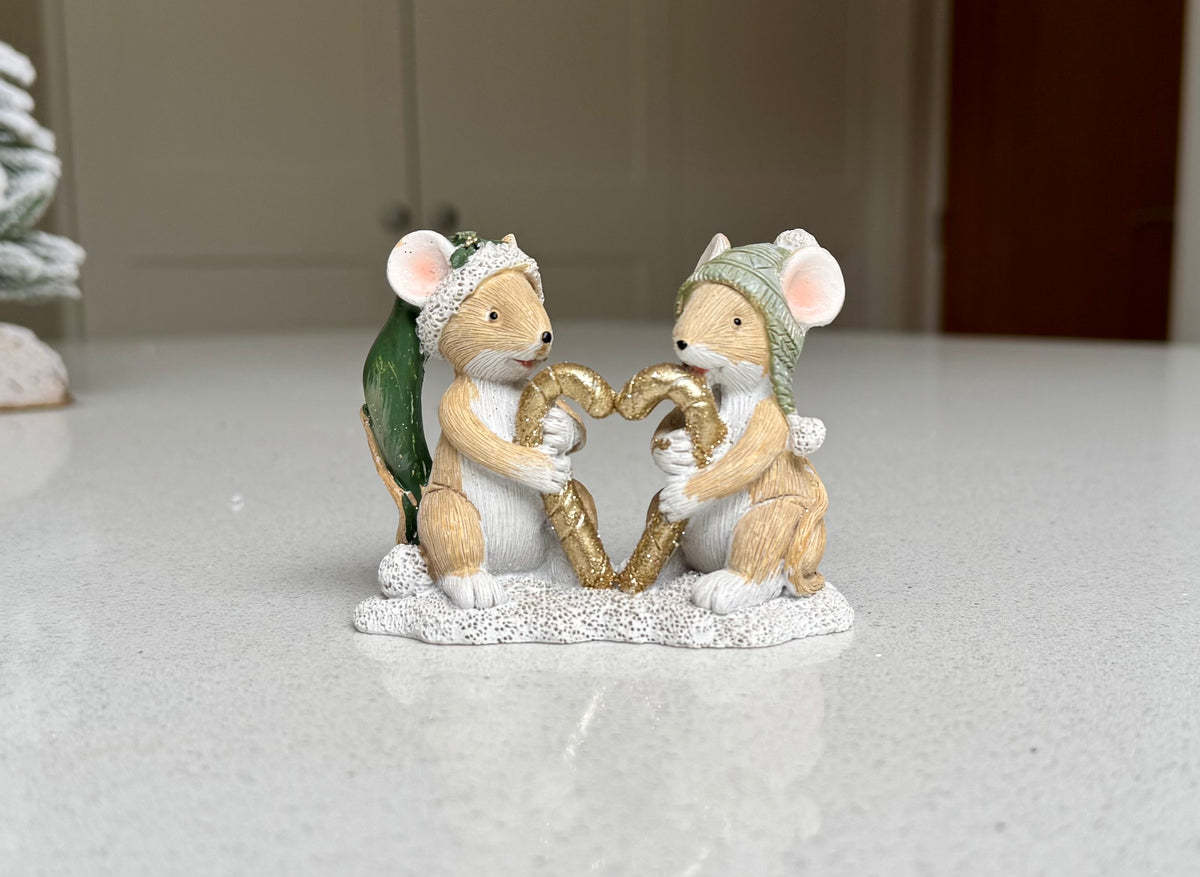 Festive Mice Holding a Gold Heart Resin Ornament