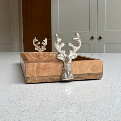 Luxury Wooden Christmas Display Tray with Stag Head Handles