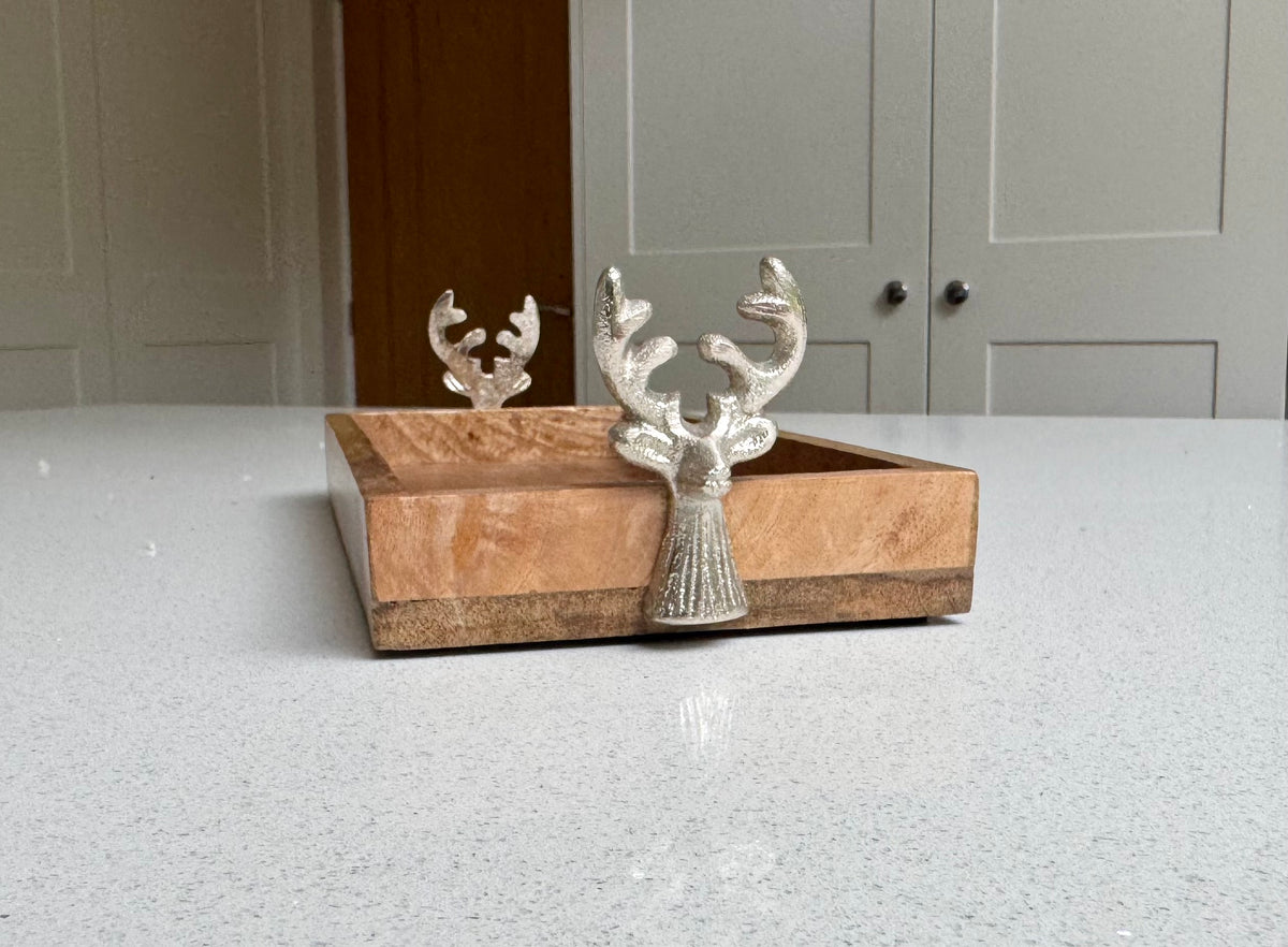 Luxury Wooden Christmas Display Tray with Stag Head Handles