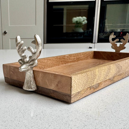 Luxury Wooden Christmas Display Tray with Stag Head Handles