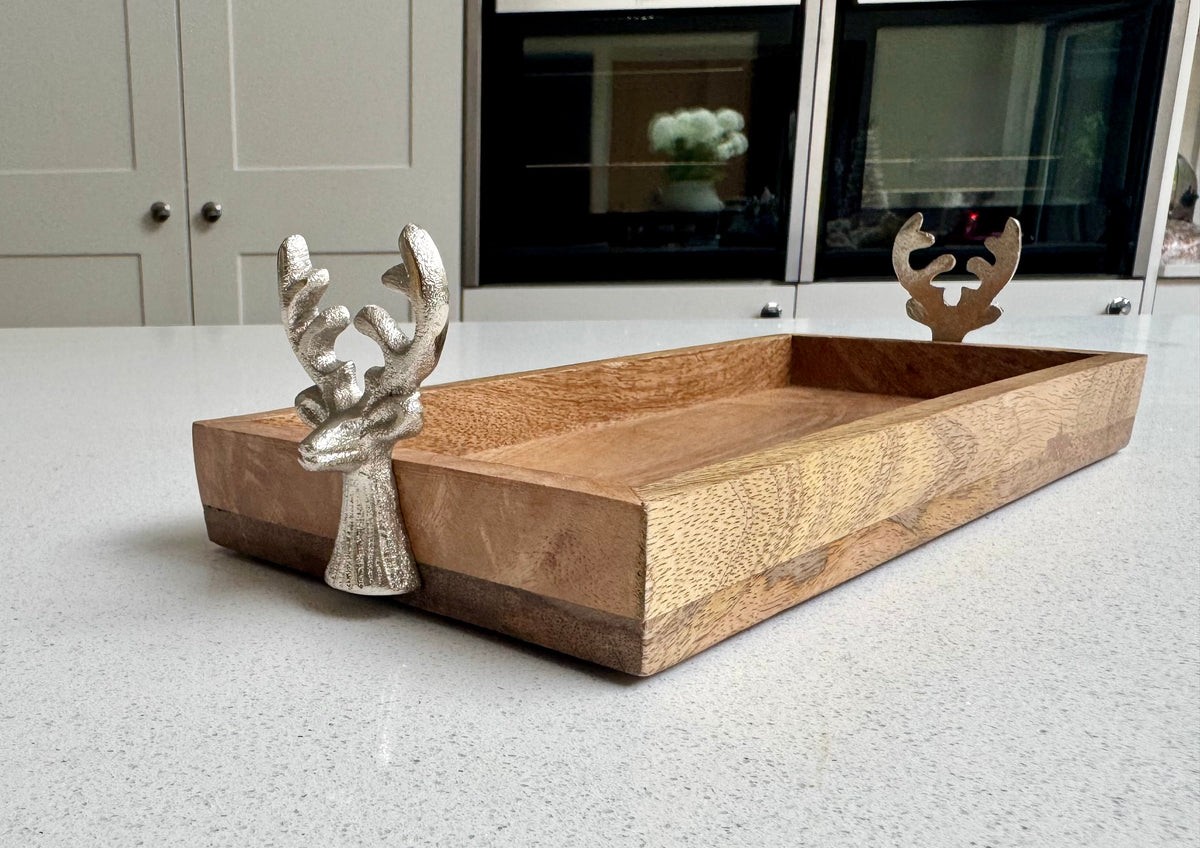 Luxury Wooden Christmas Display Tray with Stag Head Handles