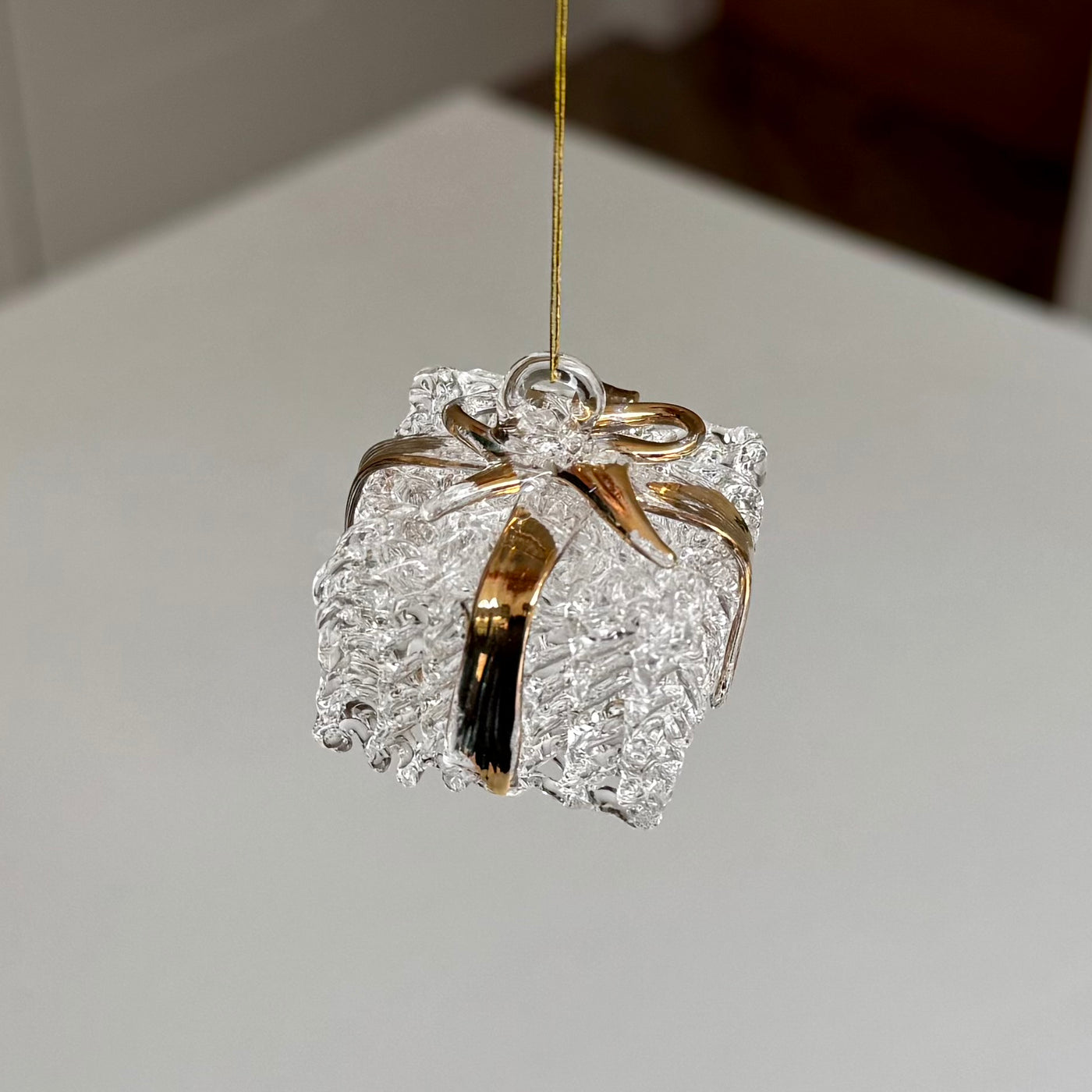 Clear Glass Present Christmas Bauble with Gold Ribbon