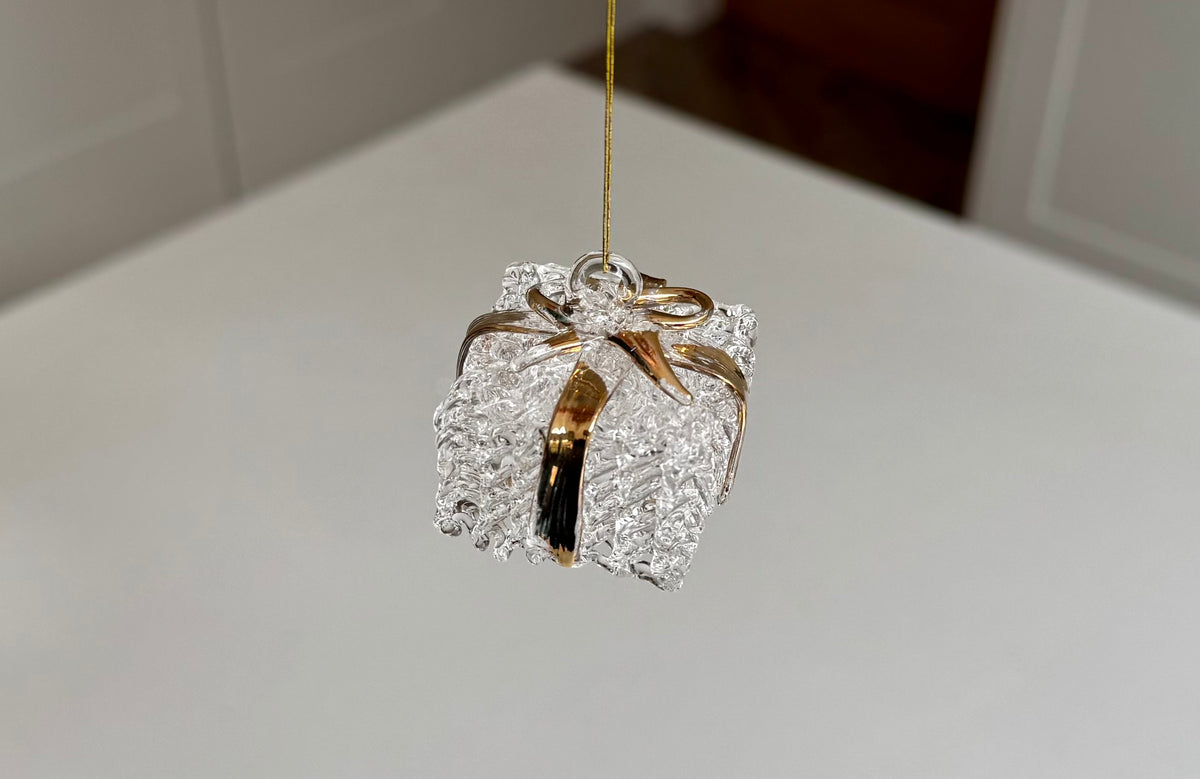 Clear Glass Present Christmas Bauble with Gold Ribbon