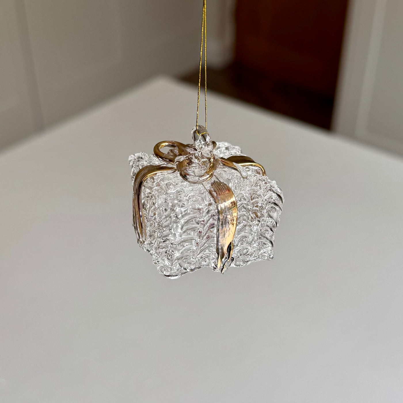 Clear Glass Present Christmas Bauble with Gold Ribbon