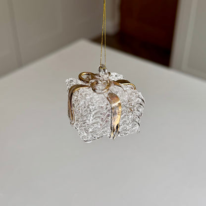 Clear Glass Present Christmas Bauble with Gold Ribbon