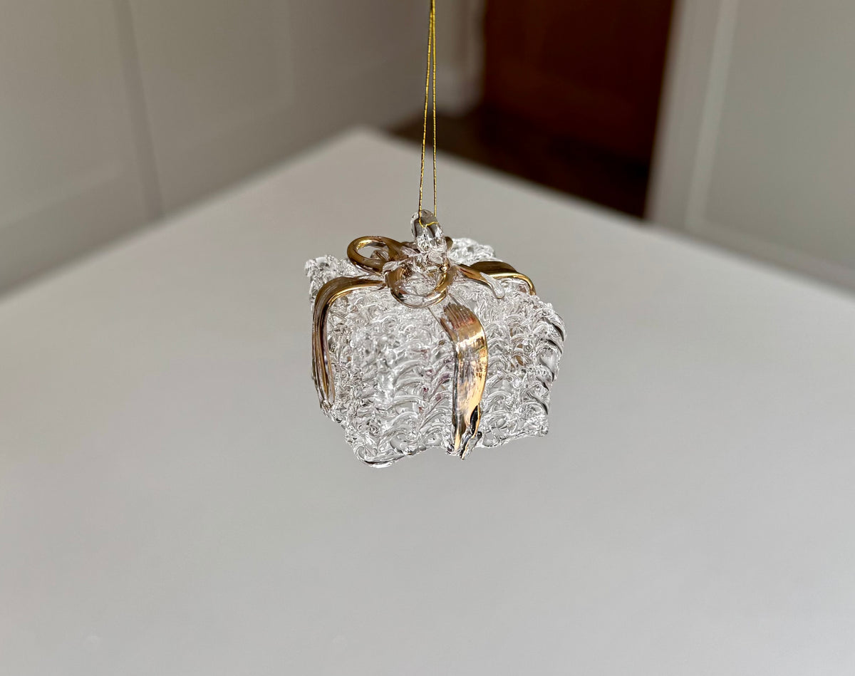 Clear Glass Present Christmas Bauble with Gold Ribbon