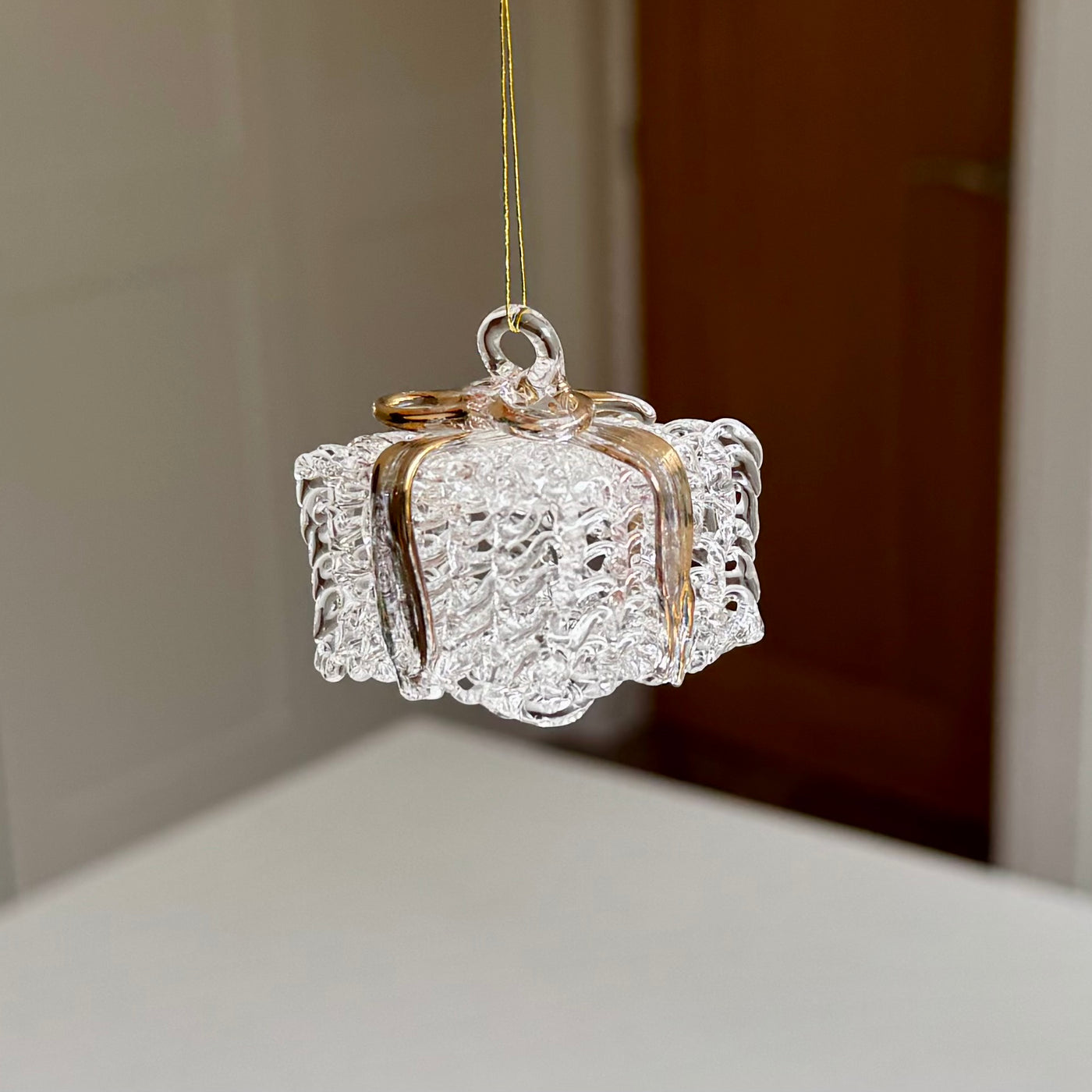 Clear Glass Present Christmas Bauble with Gold Ribbon