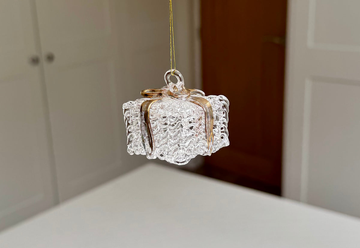 Clear Glass Present Christmas Bauble with Gold Ribbon
