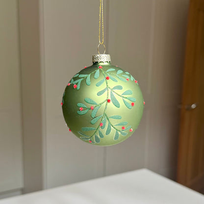 Frosted Green Glass Mistletoe Christmas Bauble – 8cm