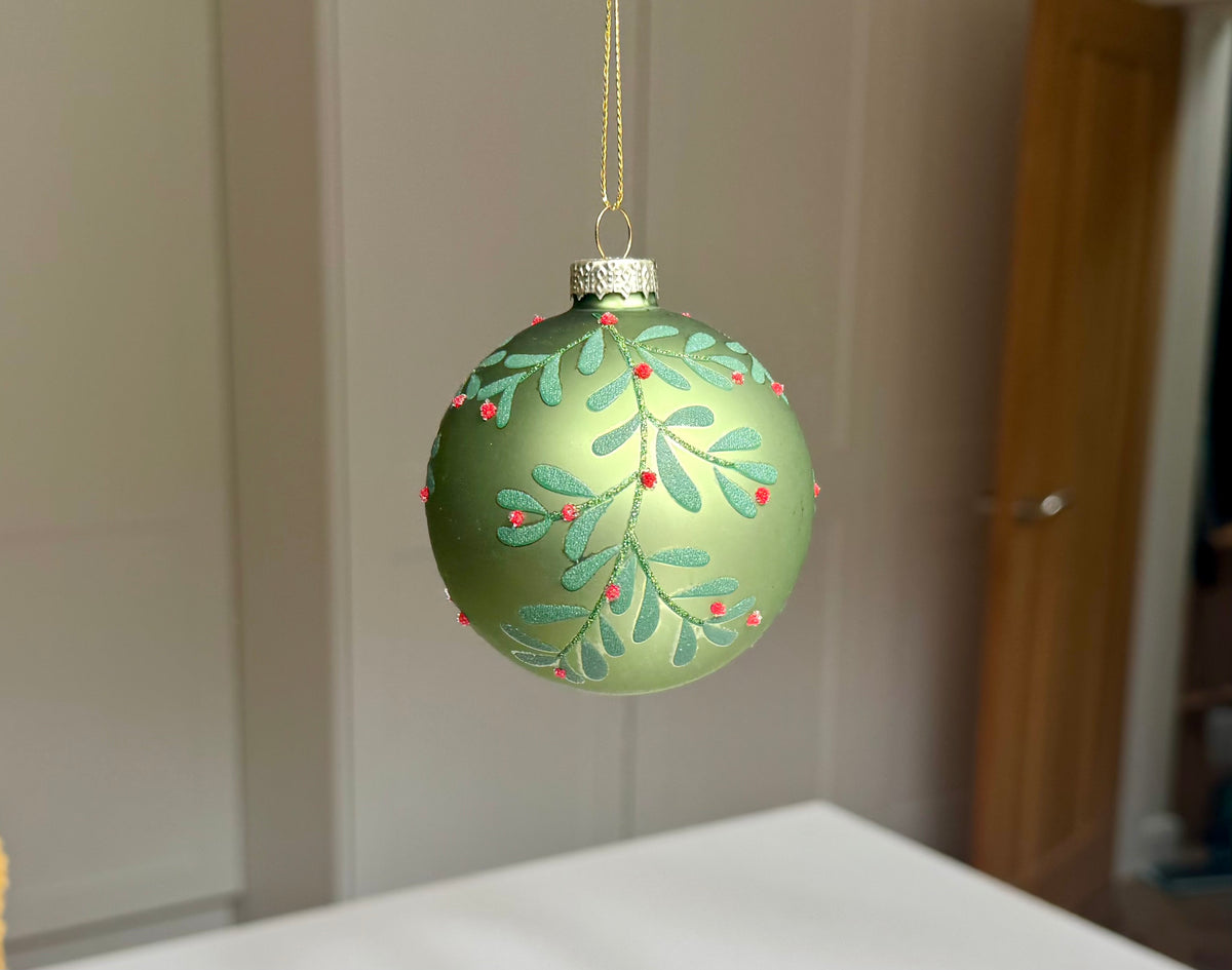 Frosted Green Glass Mistletoe Christmas Bauble – 8cm